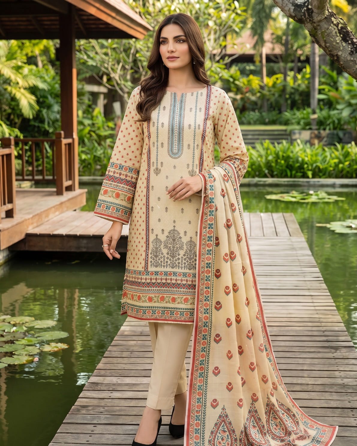 3 Pieces Digital Lawn Suit
